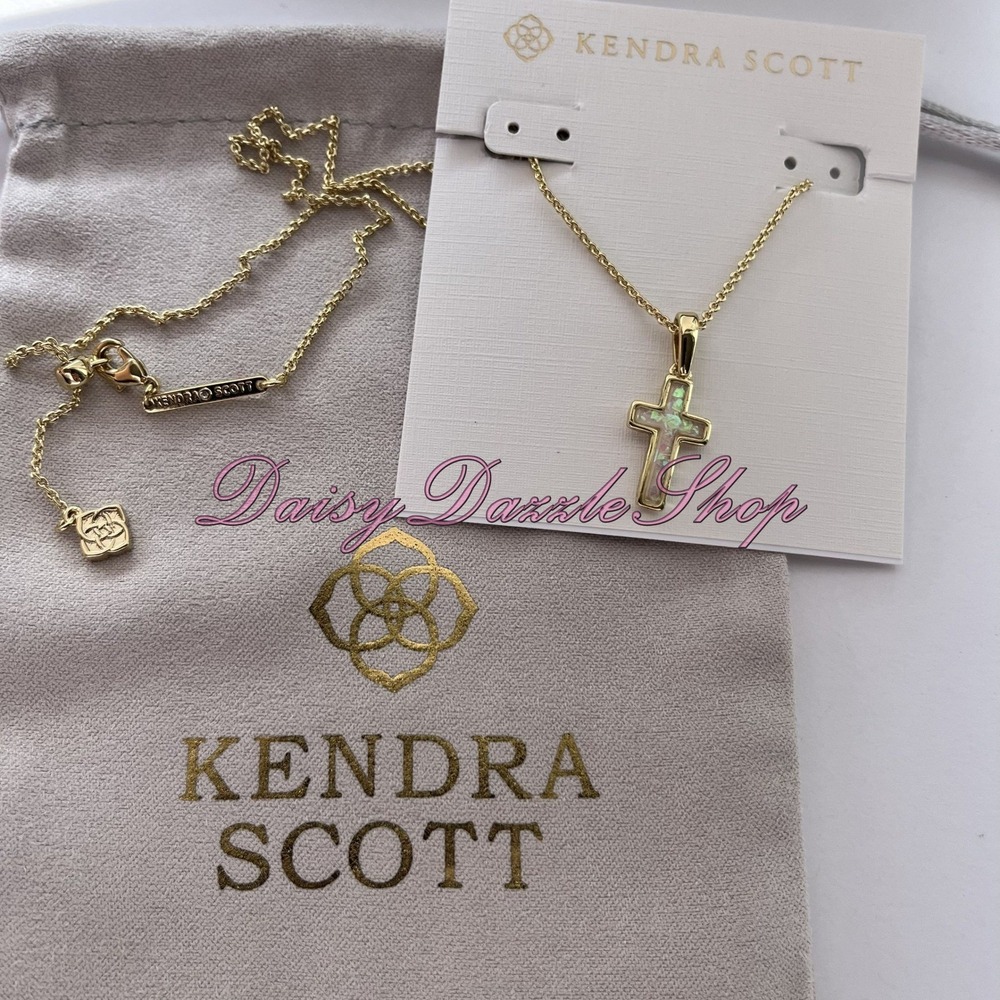 ✨Kendra Scott Cross Gold Pendant Necklace in White Kyocera Opal New ✨🕊️ - Picture 6 of 8